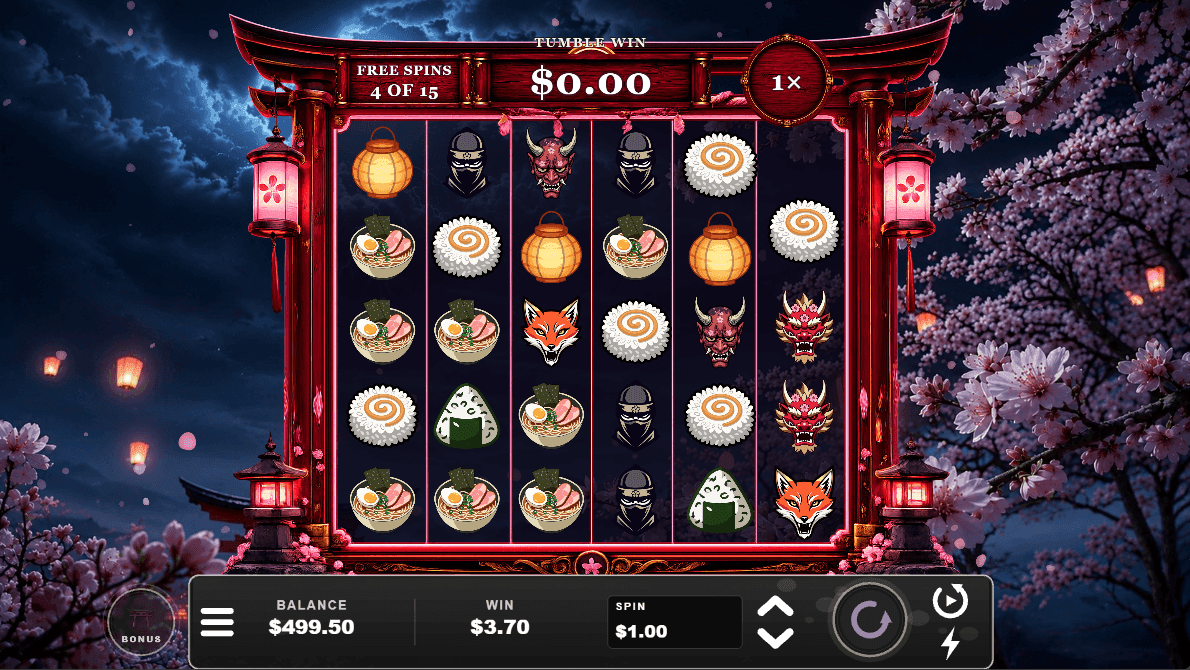 Sakura Storm mid free-spin round. A 6 by 5 grid of ramen, mochi, onigiri, ninja, oni mask, fox and dragon symbols inside a red torii gate frame, set against a night sky with cherry blossoms and floating lanterns. The header reads FREE SPINS 4 OF 15 with a tumble win counter and a 1x multiplier.