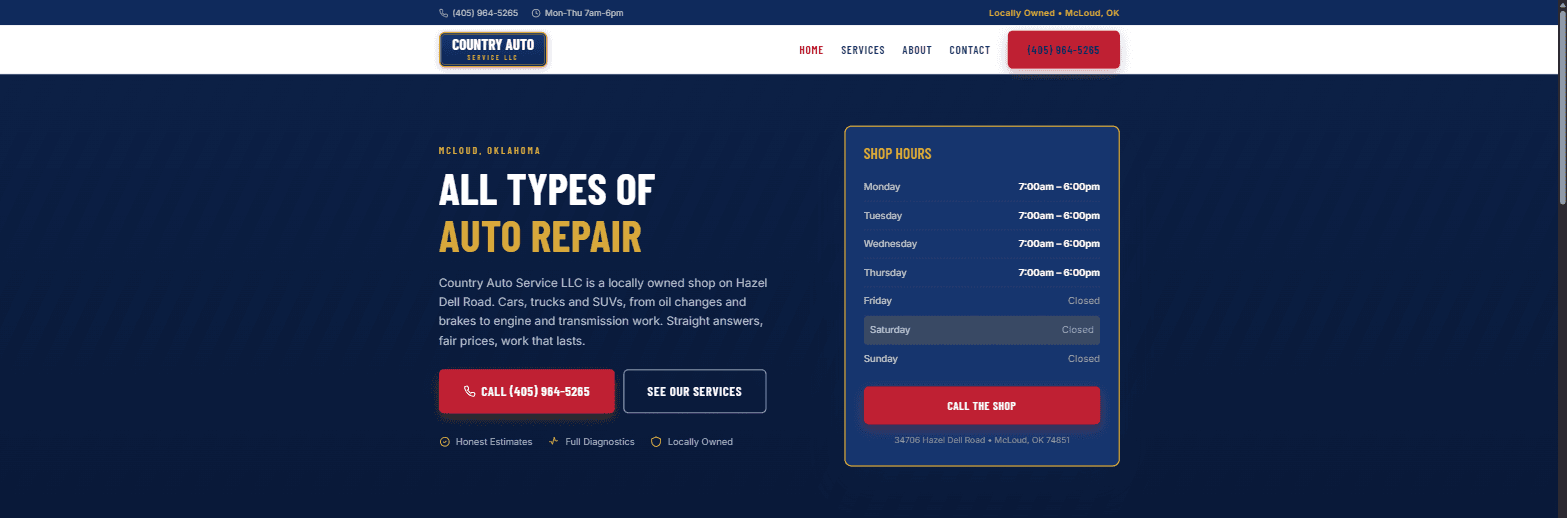 Homepage of the Country Auto Service website. A navy and red hero reading 'All Types of Auto Repair' sits beside a shop-hours panel.
