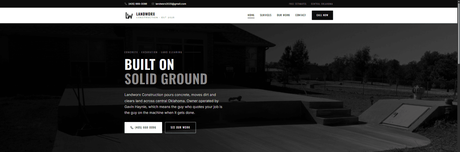 Homepage of the Landworx Construction website. A black and white hero over a jobsite photo reads 'Built on Solid Ground'.